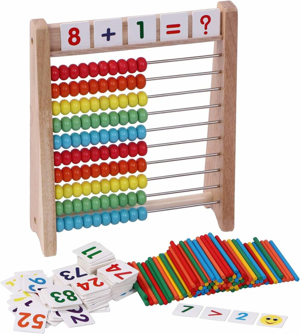 Abacuses  | Abacus en bois pour enfants avec 100 bâtonnets de comptage et cartes de nombres 1-100, jeux éducatifs de mathématiques, jouets d’apprentissage pour la maternelle, manipulatives mathématiques pour les élèves de 1ère et 2ème année.