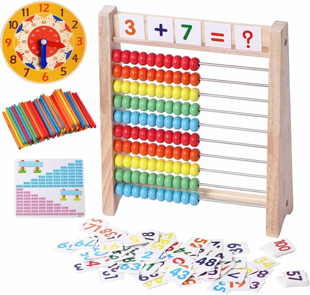 Abacuses  | Abacus en Bois pour Enfants – Manipulables Mathématiques – Horloge d’Apprentissage pour Garçons et Filles de 5 à 8 Ans – Compteurs Mathématiques pour 1ère et 2ème Année – 100 Bâtonnets de Comptage – Jouets Éducatifs Montessori pour Préscolaire – Fournitures Scolaires pour l’Éducation à Domicile