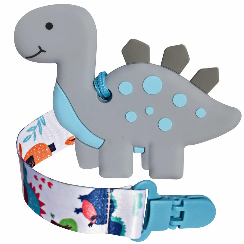 Anneaux de dentition  | 1 Anneau de dentition doux en forme de dinosaure pour bébés et 1 clip de sucette pour bébé – Cadeaux de la Saint-Valentin pour fille ou garçon, jouets à mâcher en silicone pour bébé (dinosaure gris)