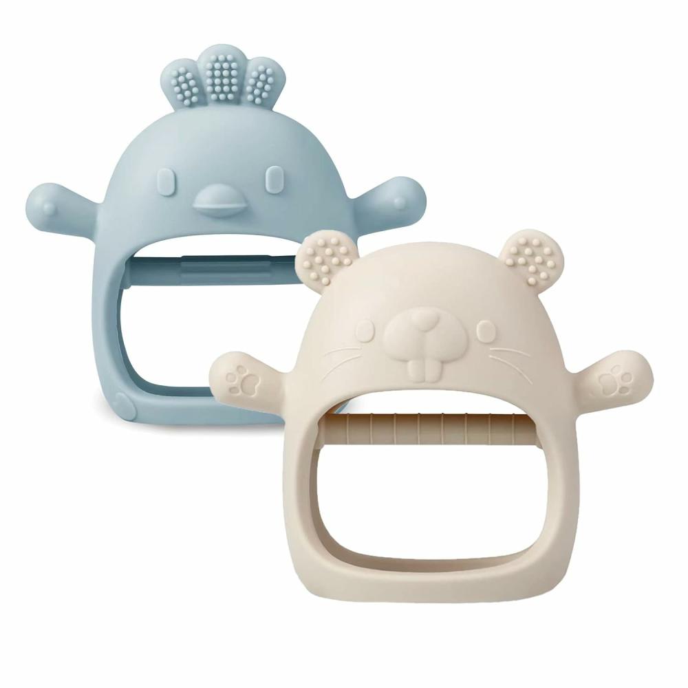 Anneaux de dentition  | 2 Pack de Jouets en Silicone pour Bébé | Mitten de Dentition pour Bébé pour les Besoins de Succion | Jouets à Mâcher pour Bébé avec Sucette pour Soulager la Douleur de Dentition (Blanc/Bleu)