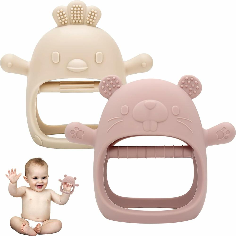 Anneaux de dentition  | 2 Pack Jouets de Dentition Mitten en Silicone pour Bébés Gant de Dentition pour Bébé Anneau de Dentition sans BPA Gants Antidérapants pour Mains Jouets à Mordre pour Nourrissons et Tout-Petits (Blanc+Rose)