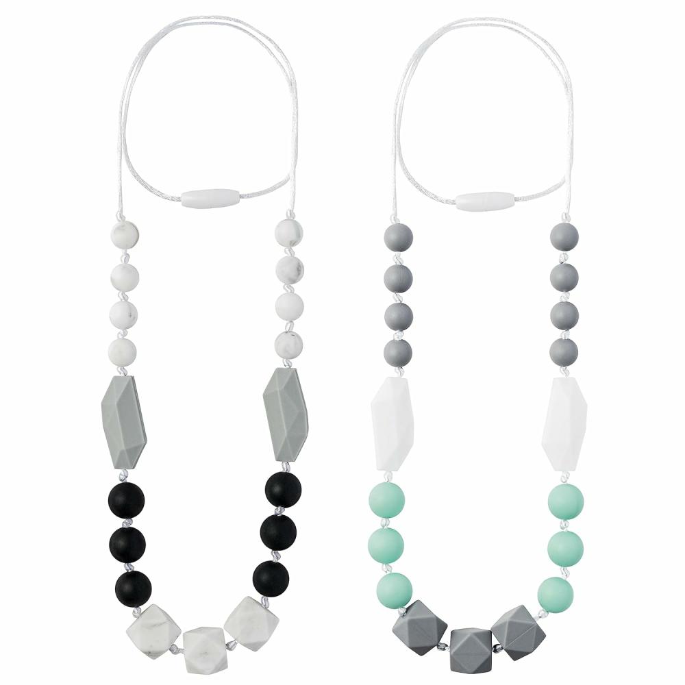 Anneaux de dentition  | 2 pièces de collier de dentition pour maman à porter, colliers d’allaitement pour bébés, jouets de dentition sensoriels pour tout-petits, enfants et adultes, cadeau de baby shower ou d’anniversaire (vert, gris, noir)