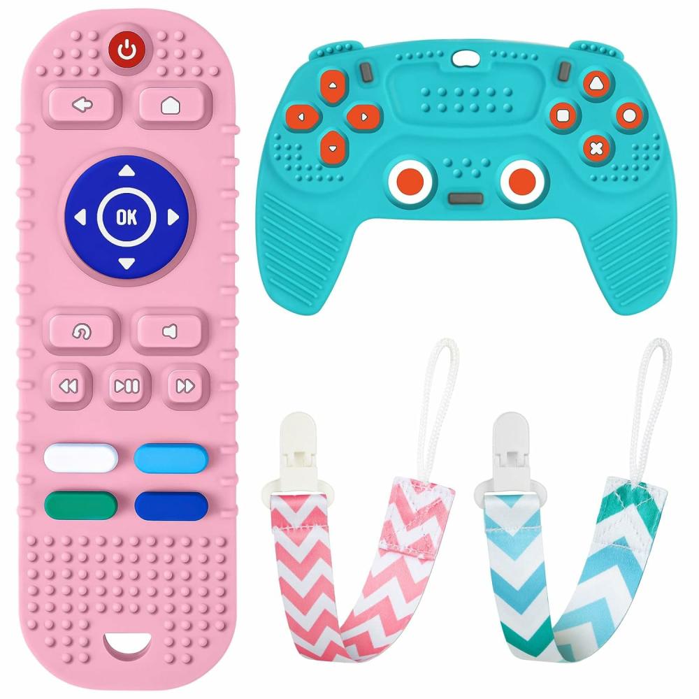 Anneaux de dentition  | 2 pièces de jouets de dentition en silicone pour bébé, jouets de dentition en forme de télécommande et jouet de dentition en forme de manette de jeu avec 2 clips de sucette. Jouet de dentition en silicone sans BPA pour bébé de 3 mois et plus, Frozen (bleu et rose).