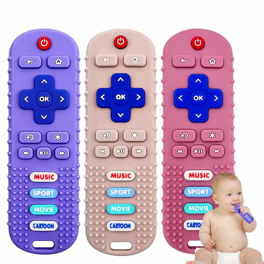 Anneaux de dentition  | 3 Pack de Jouets de Dentition pour Bébé – Jouets de Dentition en Silicone en Forme de Télécommande TV pour Bébé de 6 à 12 Mois (Rose, Kaki et Violet)