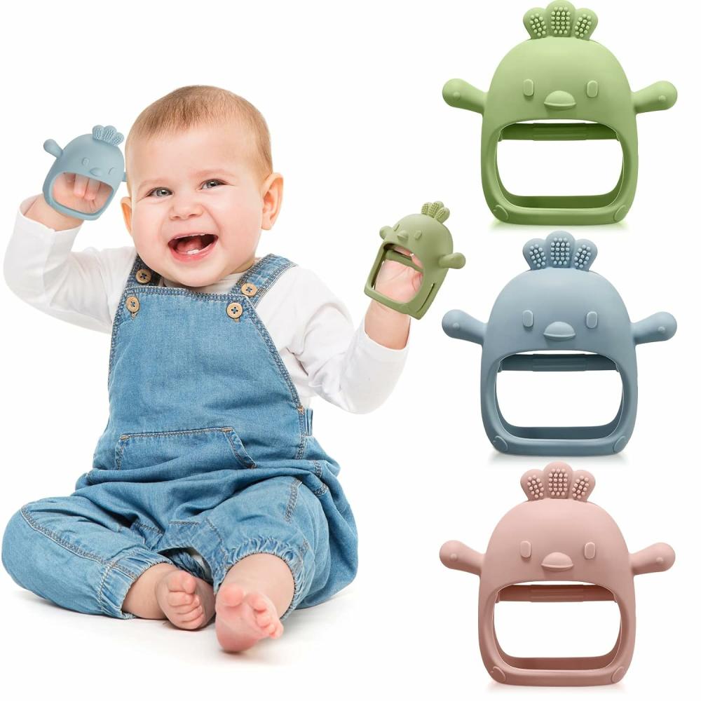 Anneaux de dentition  | 3 Pack de Sucette pour Bébé – Jouets de Dentition pour Bébé de 0 à 6 Mois – Jouet de Dentition en Silicone Anti-Chute – Sucettes pour Nourrissons – Jouets à Mâcher pour les Besoins de Succion (Bleu, Vert, Rose Chair, Poussin)