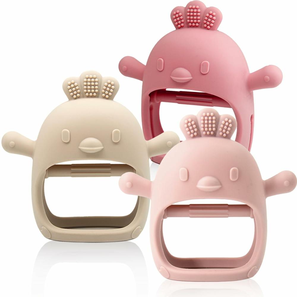 Anneaux de dentition  | 3 Packs Jouet de Dentition pour Bébé Mitten en Silicone pour Bébé de Plus de 3 Mois Anti-Dérapant Poignet Mains Anneaux de Dentition Jouets à Mâcher pour Besoins de Succion Sans BPA (Rose, Caramel & Rouge Corail)