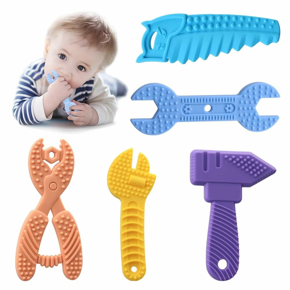 Anneaux de dentition  | 5 pièces de jouets de dentition pour bébé, jouets de dentition en silicone sensoriels pour bébés, jouets pour nourrissons 0-6 mois, cadeaux de baby shower pour filles et garçons de 3, 9, 12, 18 mois et 1 an, jouet à mâcher pour nouveau-nés et tout-petits, jouets de voyage, sans BPA.