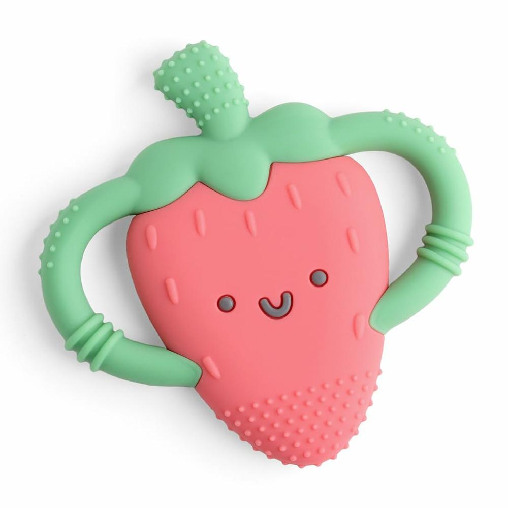 Anneaux de dentition  | Anneau de dentition en forme de fraise avec poignées ; anneau de dentition en silicone pour bébés avec poignées faciles à saisir et surfaces texturées à mordiller – Jouet de dentition pour bébés à partir de 3 mois (Fraise)