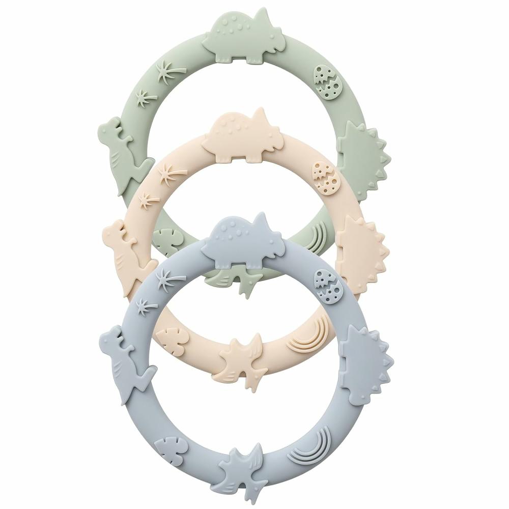 Anneaux de dentition  | Anneaux de dentition en silicone pour bébés 0-6 mois et 6-12 mois, jouets de dentition pour nourrissons, jouets à mâcher pour les besoins de succion, anneaux de dentition pour bébés garçons et filles, pack de 3 – Dinosaure – Bleu bébé.