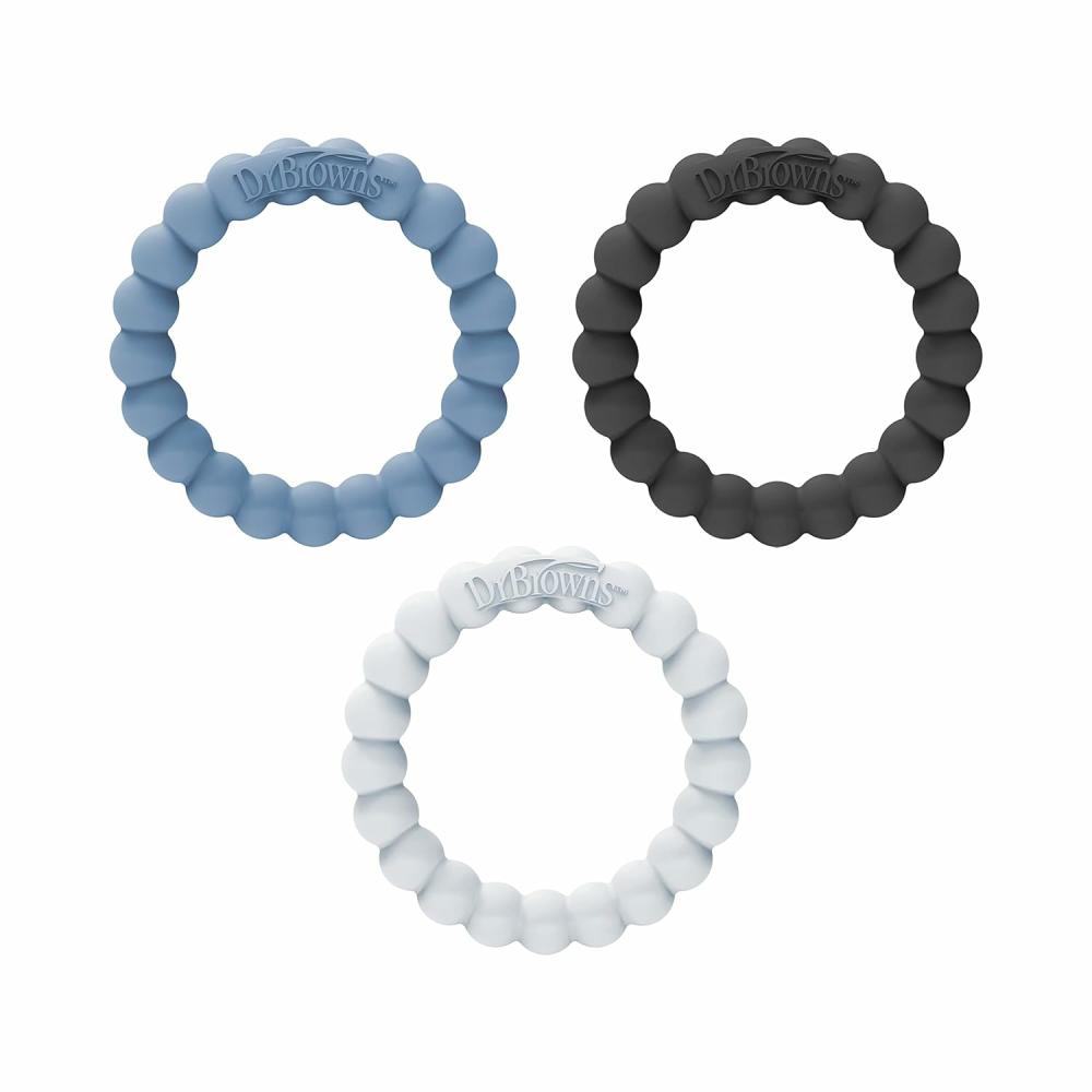 Anneaux de dentition  | Anneaux de dentition Flexees en perles 100 % silicone, doux et faciles à tenir, favorisent l’auto-apaisement, pack de 3, bleu, bleu clair, noir, sans BPA, 3 mois et plus.