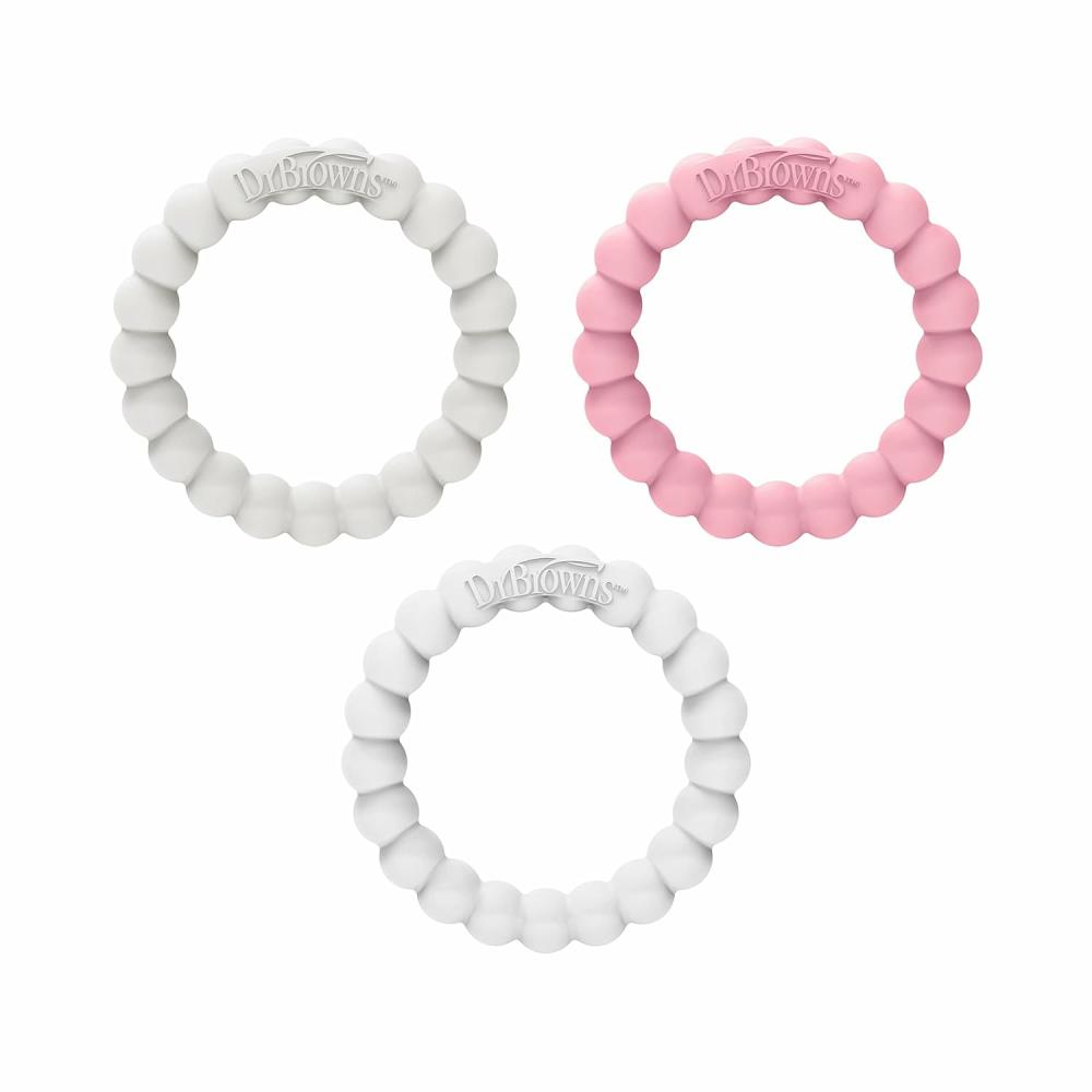 Anneaux de dentition  | Anneaux de dentition Flexees en perles 100 % silicone, doux et faciles à tenir, favorisent l’auto-apaisement, pack de 3, rose, blanc, gris, sans BPA, 3 mois et plus.