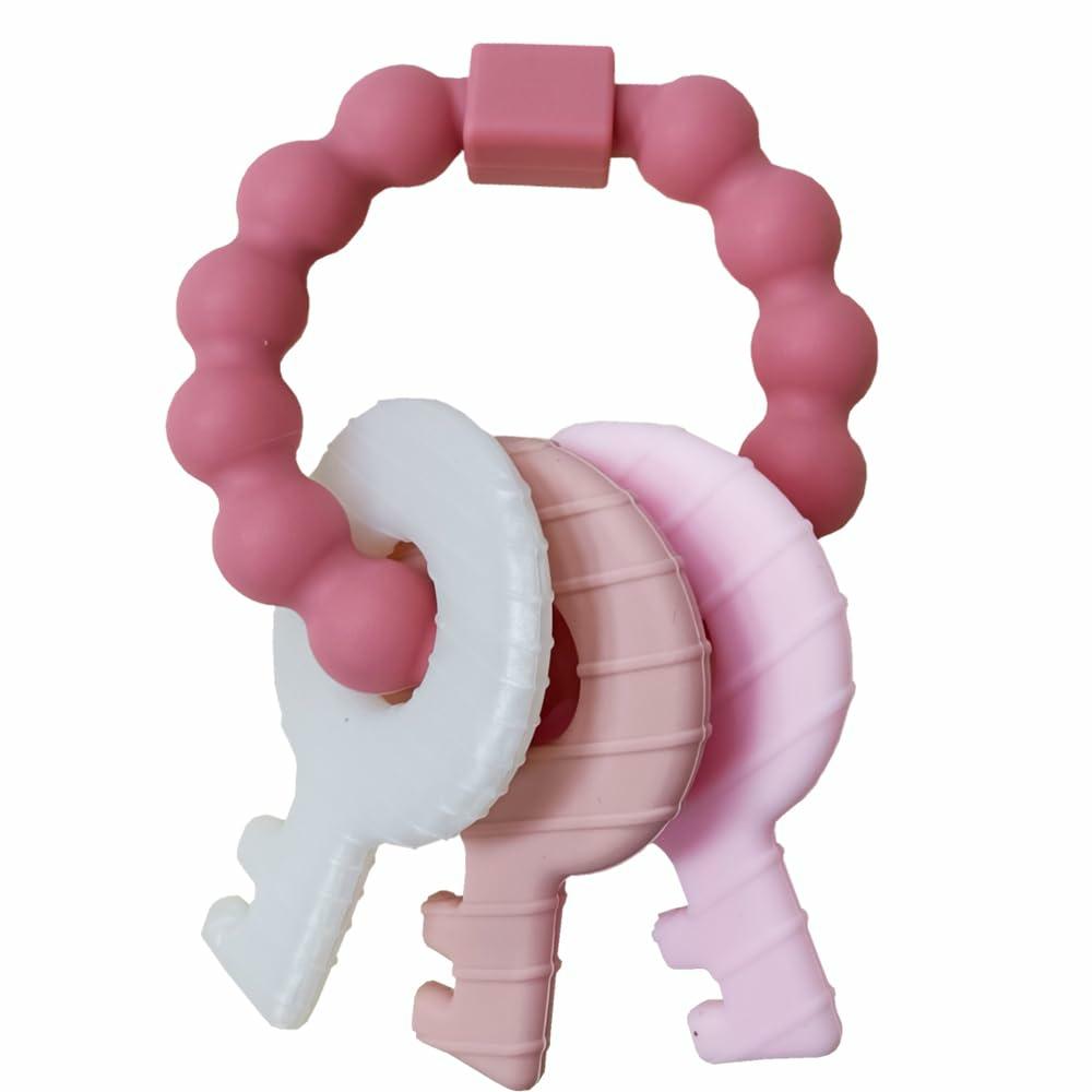 Anneaux de dentition  | Clés de dentition pour bébé 3 à 12 mois, jouets sensoriels à mâcher pour nourrissons et tout-petits, jouets de dentition pour fille – texture douce et surélevée pour apaiser les gencives, sans BPA (Rose)