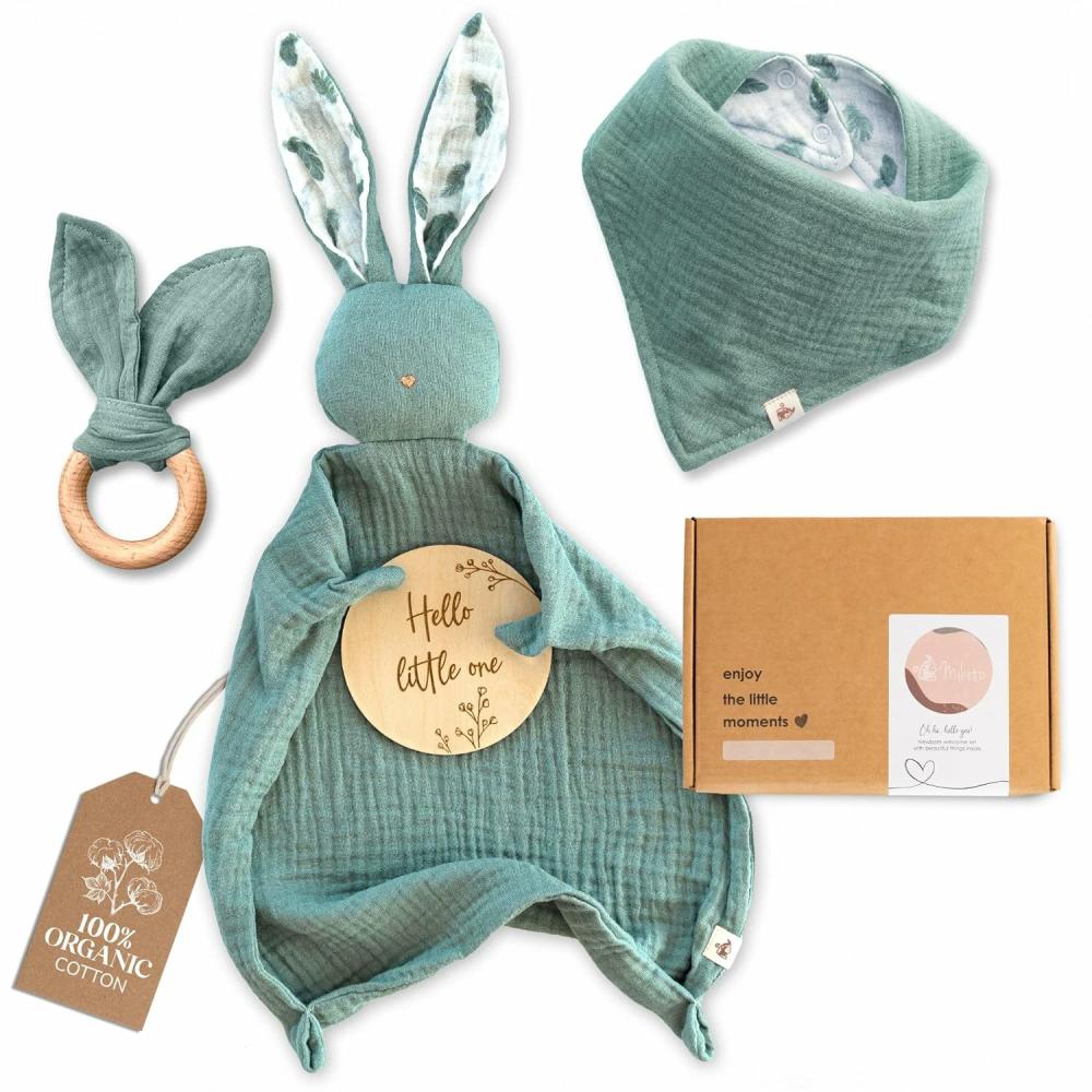 Anneaux de dentition  | Coffret Cadeaux en Coton Bio pour Nouveau-nés – Cadeaux pour Bébés Unisexes Comprenant : Doudou en Mousseline + Bavoir Bandana Anti-Salissure + Anneau de Dentition en Bois + Panneau d’Annonce de Naissance – Ensemble Cadeau pour Bébé – Doudous pour Bébés