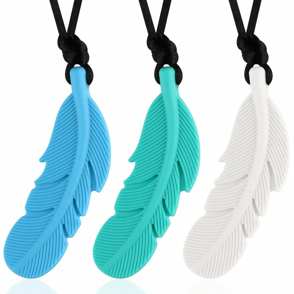 Anneaux de dentition  | Collier à mâcher pour enfants sensoriels – Pack de 3 aides sensorielles orales en silicone – Jouets de dentition pour enfants autistes, TDAH, SPD, stimulation motrice orale ou besoins spéciaux (Vert/Blanc/Bleu)