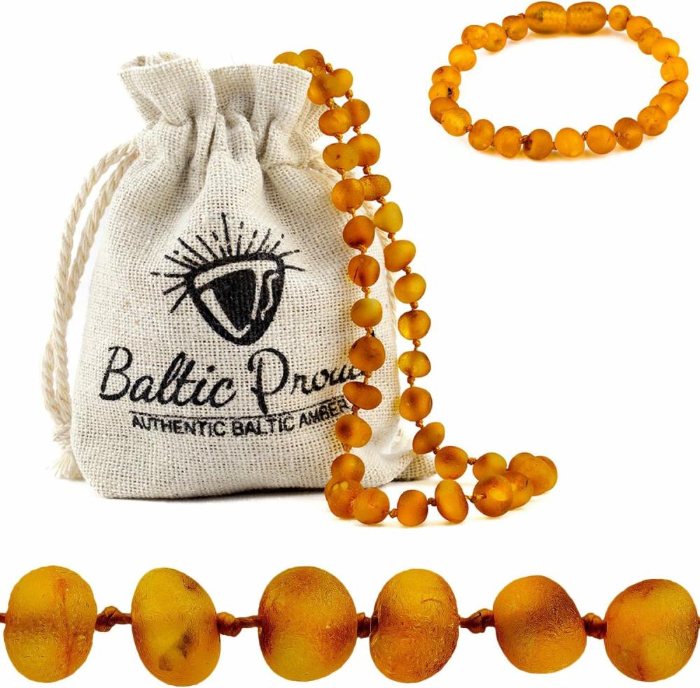 Anneaux de dentition  | Collier et bracelet en ambre brut – Ensemble cadeau (Unisexe, ambre brut de 12,5 pouces/5,5 pouces) – Ambre de la mer Baltique de qualité premium certifiée