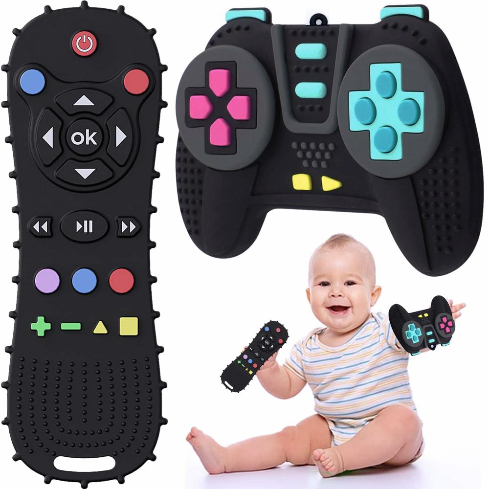 Anneaux de dentition  | 【Sans BPA, Certifié CPC】 Pack de 2 jouets de dentition en silicone pour télécommande et manette de jeu pour bébés de 3 à 12 mois. Jouets à mâcher en silicone, jouets de dentition pour tout-petits, garçons et filles. Cadeau pour bébé.