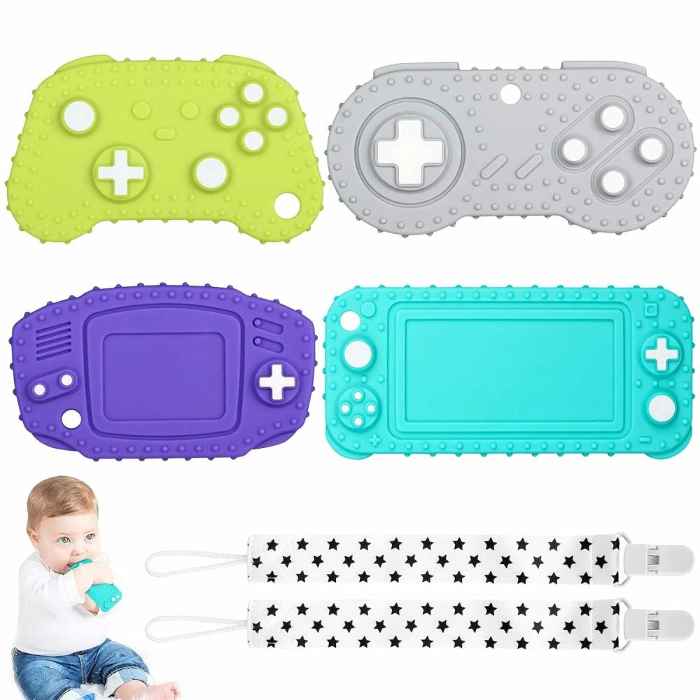 Anneaux de dentition  | Ensemble de 4 jouets de dentition en silicone pour bébés et tout-petits – Forme de manette de jeu télécommandée – Anneaux de dentition pour bébés – Jouets à mâcher pour soulager et apaiser les gencives des bébés – Sans BPA / Sûr pour le lave-vaisselle et le réfrigérateur