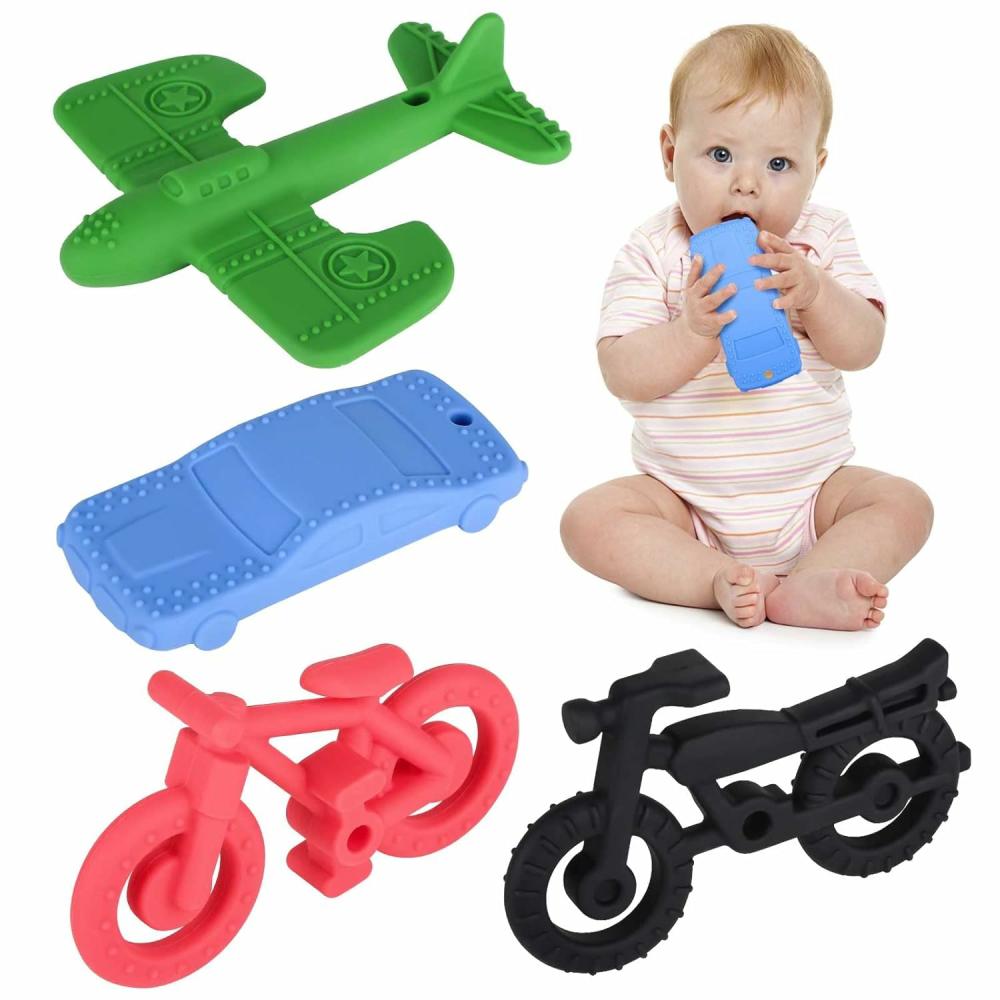 Anneaux de dentition  | Ensemble de 4 jouets de dentition en silicone pour nourrissons et tout-petits – Anneaux de dentition en forme d’avion à réaction, de vélo et de voiture pour bébés garçons et filles – Jouets à mâcher pour soulager et apaiser les gencives des bébés – Sans BPA, lavables au lave-vaisselle et sûrs pour le réfrigérateur.