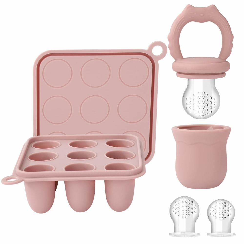 Anneaux de dentition  | Ensemble de nourrisseur en silicone pour bébés avec plateau de congélation pour aliments pour bébés, moules à popsicles de lait maternel pour soulager les douleurs dentaires des bébés, nourrisseur de nourriture pour bébés pour l’auto-alimentation, avec 3 tailles supplémentaires de sachets alimentaires.