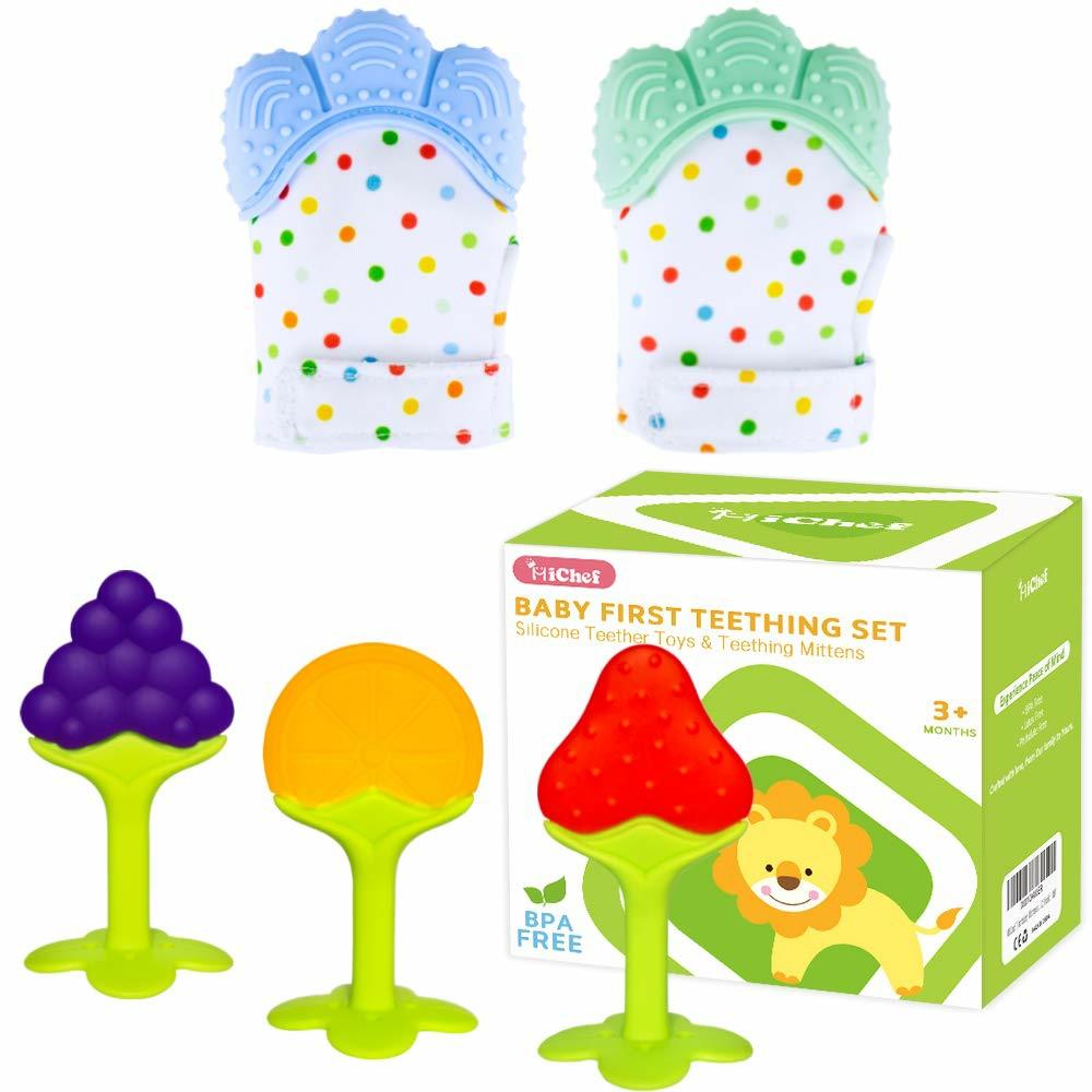 Anneaux de dentition  | Gants de dentition pour bébé (pack de 2) avec jouets de dentition pour bébé (pack de 3) – Mitten auto-apaisant pour soulagement de la douleur – Dents en silicone pour bébé – Sans BPA – Naturel et organique – Sûr pour le congélateur pour nourrissons et tout-petits