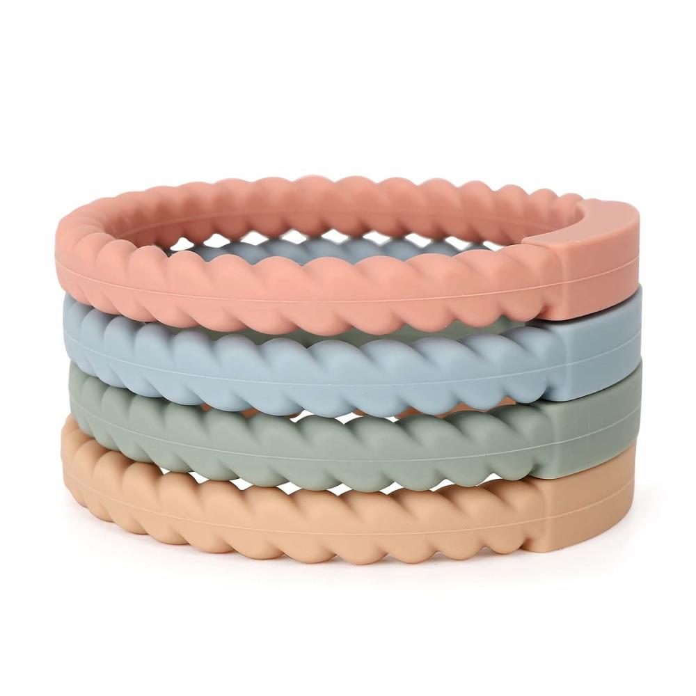 Anneaux de dentition  | Jouet de dentition en silicone pour bébé – Pack de 4 – Bracelets en silicone doux sans BPA pour bébés de 3 mois et plus – À porter comme des bracelets – Jouet à mâcher pour bébé (Sauge/Éther/Muted/Abricot)