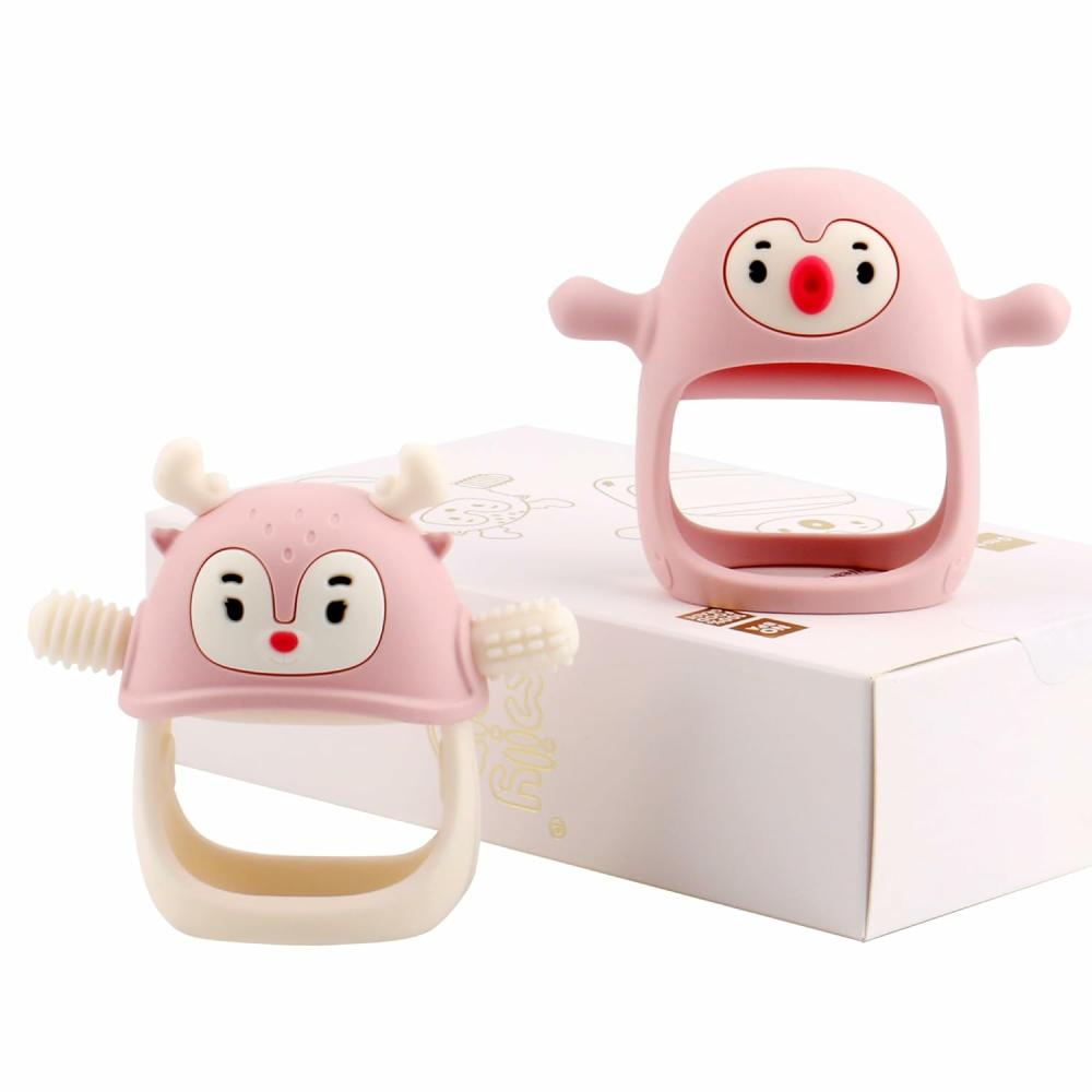 Anneaux de dentition  | Jouet de dentition pour bébé | Anneau de dentition pingouin pour 0-6 mois | Jouets à mâcher pour bébé renne pour 3 mois et plus | Anneau de dentition en silicone doux | Mitten de dentition pour soulager la douleur de dentition | Coffret cadeau essentiel pour bébé en rose clair