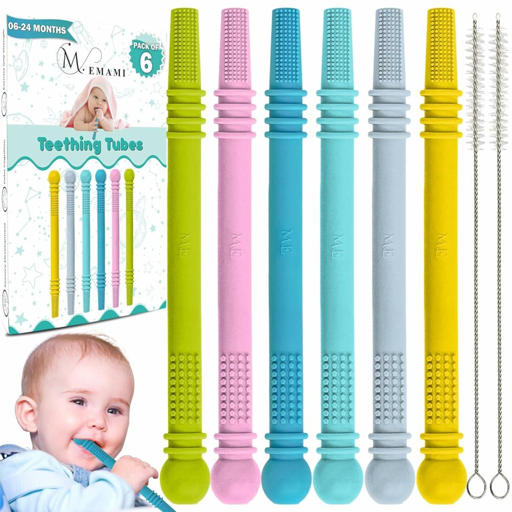 Anneaux de dentition  | Jouet de dentition pour bébé – Pack de 6 bâtons de dentition creux avec 2 brosses de nettoyage – 100% silicone de qualité alimentaire, sans BPA et lavable au lave-vaisselle – 6 couleurs vives pour les bébés de 6 à 18 mois.