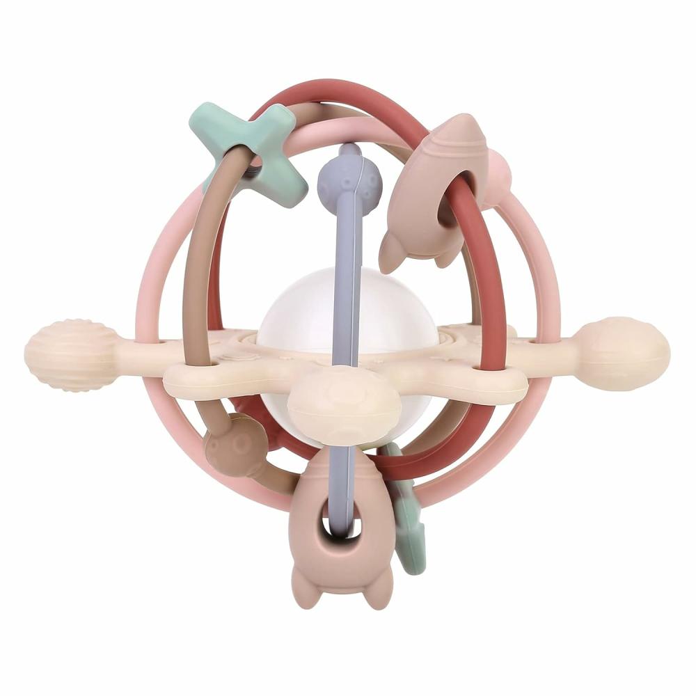 Anneaux de dentition  | Jouet de dentition pour bébés de 3 à 12 mois, jouets de dentition en silicone avec hochet, jouet de dentition sensoriel avec hochet, jouets à mâcher pour soulager la dentition, sans BPA, beige.