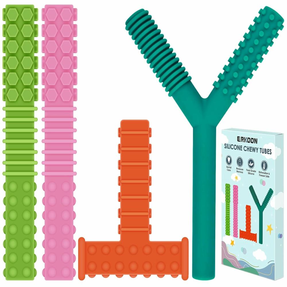 Anneaux de dentition  | Jouets à mâcher sensoriels pour enfants autistes – Pack de 4 tubes en silicone, outils oraux moteurs pour enfants sensoriels avec autisme, mordillage, TDAH, SPD, jouets à mâcher pour besoins spécifiques, bâtons de dentition.