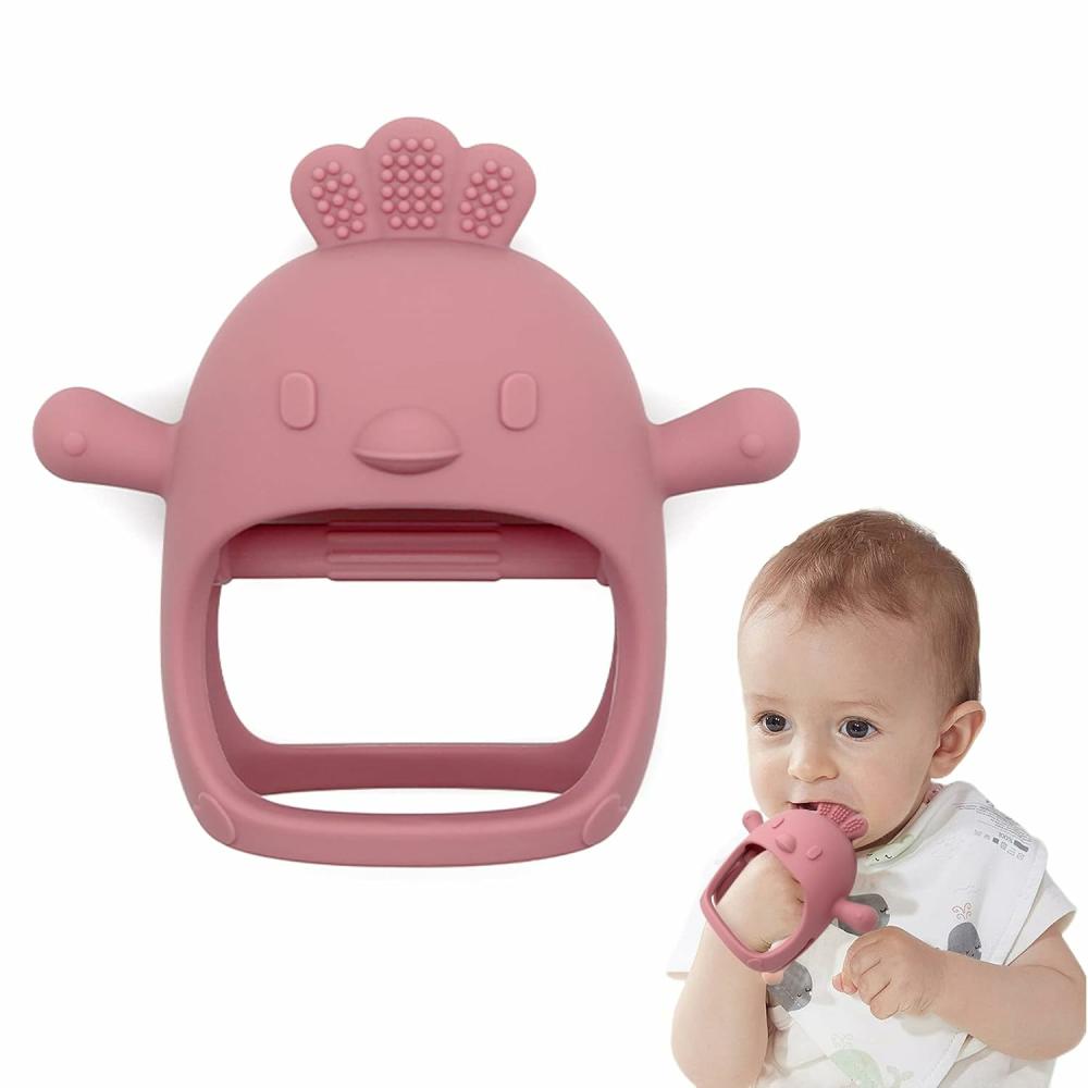 Anneaux de dentition  | Jouets de dentition en forme de poussin pour bébé – Anneau de dentition pour main et poignet qui ne tombe jamais – Jouets à mâcher pour bébé répondant aux besoins de succion – Mitten de dentition en silicone de qualité alimentaire pour soulager la douleur de dentition – Facile à saisir (Rose foncé)