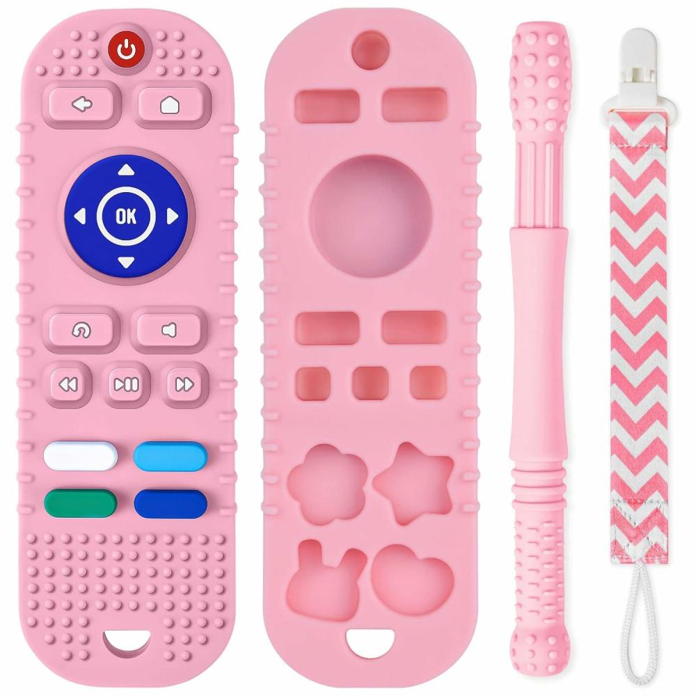 Anneaux de dentition  | Jouets de dentition en silicone pour bébé – Jouets de dentition en forme de télécommande avec tubes de dentition et clip de sucette – Jouets de dentition pour bébés de 3 mois et plus – Jouets de dentition télécommandés sans BPA / congelables / compatibles lave-vaisselle (Rose)