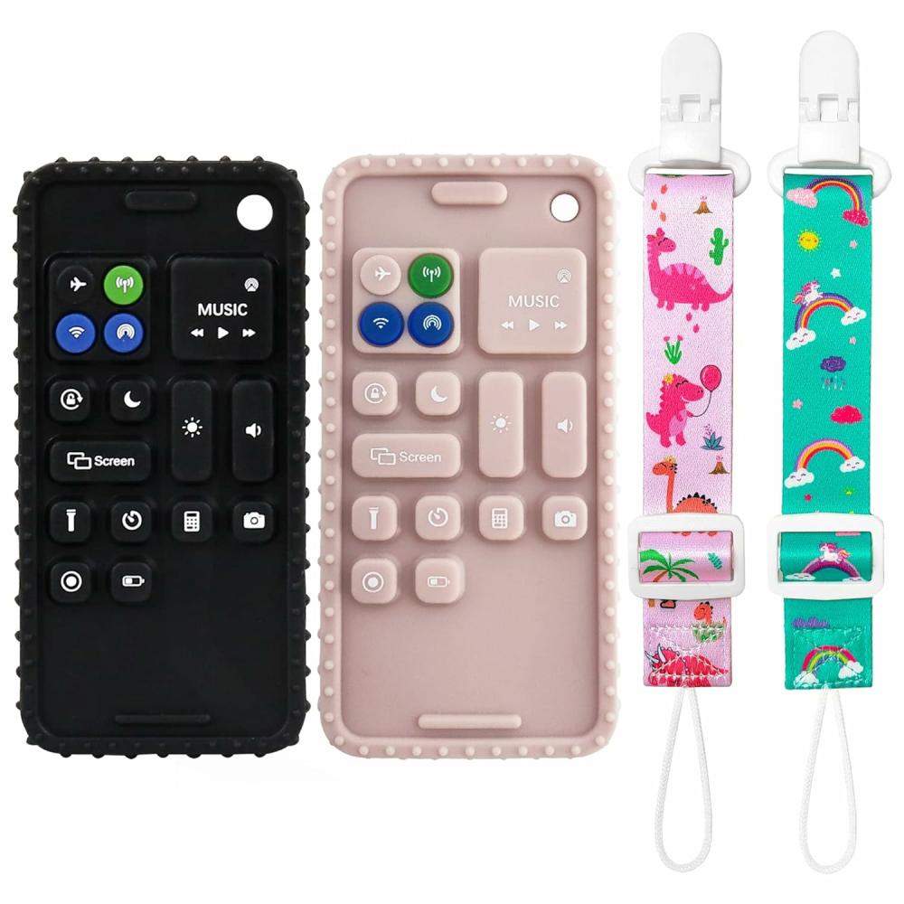 Anneaux de dentition  | Jouets de dentition en silicone pour bébés de 0 à 6 mois, téléphones pour bébés de 6 à 12 mois avec boutons, 2 pièces de jouets de dentition en forme de téléphone portable pour bébés, jouets à mâcher en forme de téléphone portable, cadeaux de douche pour filles et garçons, noir et rose.