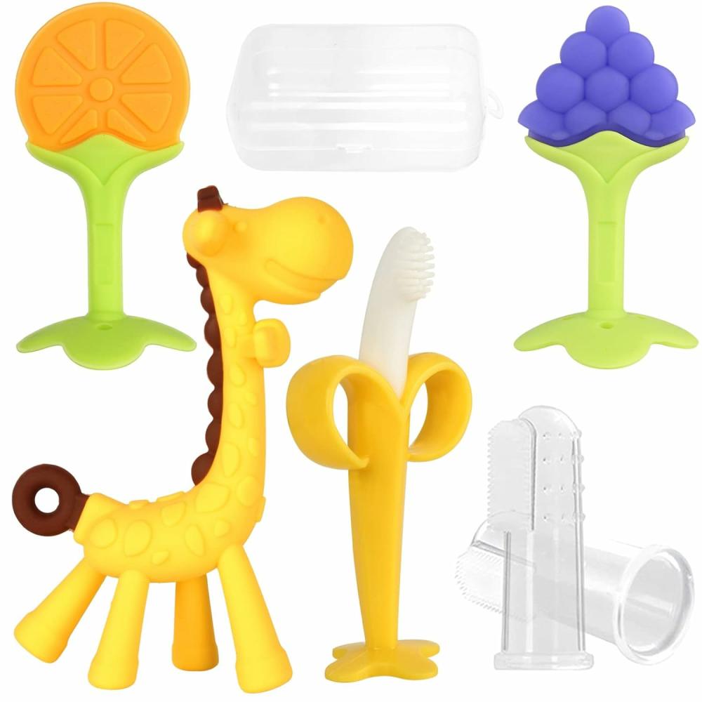 Anneaux de dentition  | Jouets de dentition (pack de 4) Jouet de dentition pour bébé Anneaux de dentition avec brosse à dents en forme de banane, brosse à dents sans BPA, jouet à mâcher pour nourrissons et tout-petits en silicone, dentition pour bébés de 3 à 6 mois.