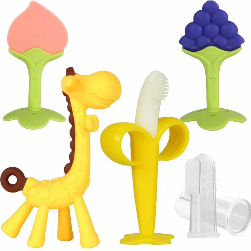 Anneaux de dentition  | Jouets de dentition pour bébé – Anneau de dentition en silicone – Sans BPA – Soulagement de la douleur des gencives pour bébés – Brosse à dents en forme de banane – Ensemble de hochets en forme de girafe pour bébés garçons et filles.