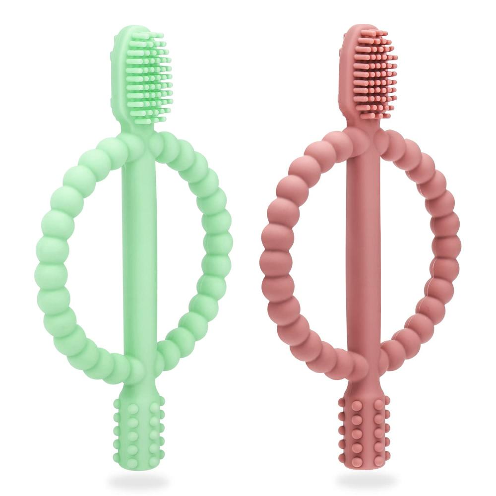 Anneaux de dentition  | Jouets de dentition pour bébé avec poignée facile à saisir, brosse à dents en silicone pour nourrissons, texturée des deux côtés pour masser et apaiser les gencives douloureuses, jouets de dentition pour bébés de 0 à 6 mois et de 6 à 12 mois.