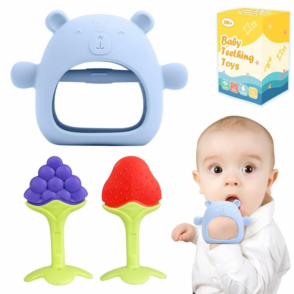 Anneaux de dentition  | Jouets de Dentition pour Bébé – Ensemble de 3 Anneaux de Dentition pour 0-6 Mois, 3-6 Mois & 6-12 Mois – Essentiels pour Bébé – Jouets pour Nourrissons – Ensemble de Jouets à Mordre en Silicone de Qualité Alimentaire – Jouet de Dentition en Forme d’Ours – Ensemble d’Anneaux de Dentition en Forme de Fruit