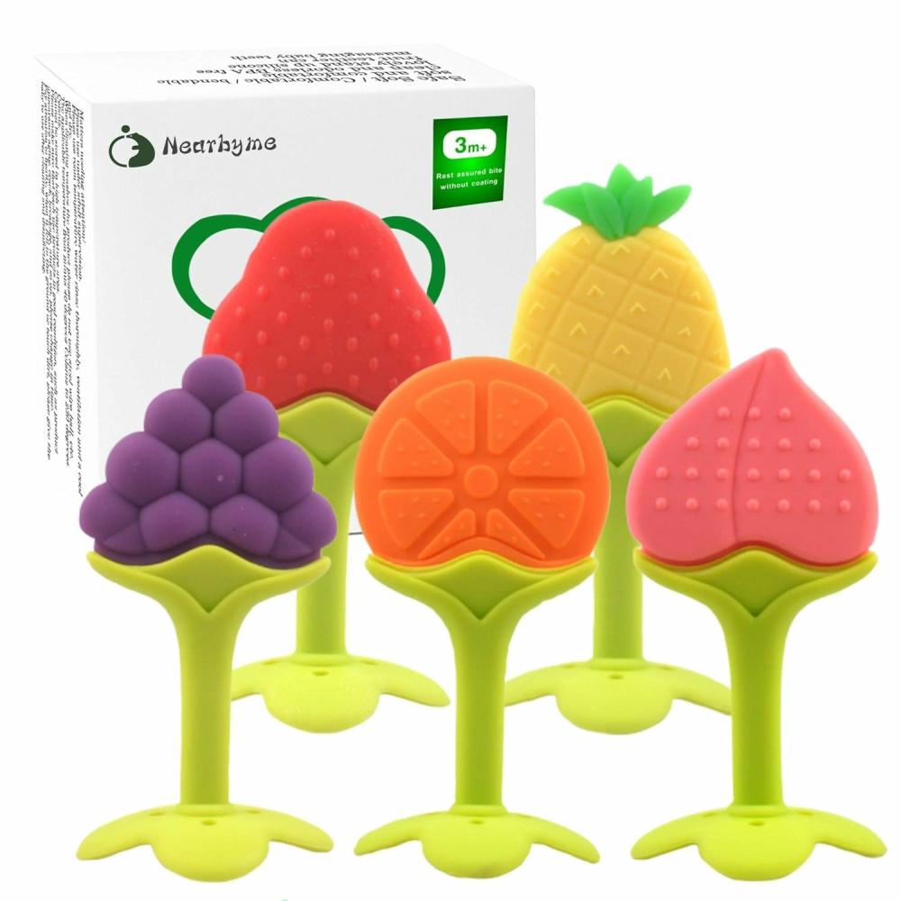 Anneaux de dentition  | Jouets de dentition pour bébé – Ensemble de hochets en silicone doux en forme de fruits avec clip/porte-sucette pour tout-petits et nourrissons – Pack de 5