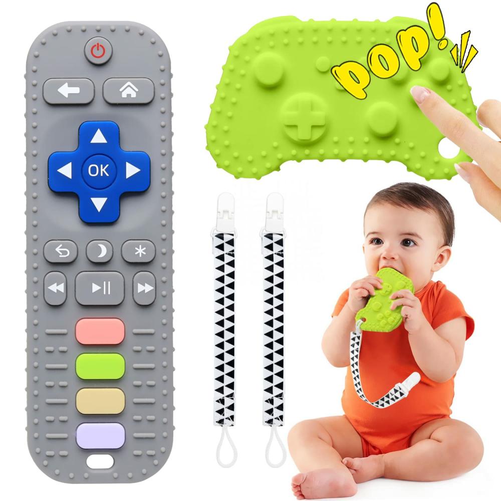 Anneaux de dentition  | Jouets de dentition pour bébé – Pack de 2 jouets de dentition pour bébés – Forme de télécommande de jeu TV – Anneaux de dentition en silicone sensoriels – Jouets à mâcher pour nourrissons – Cadeaux pour baby shower et paniers de Pâques – Sans BPA