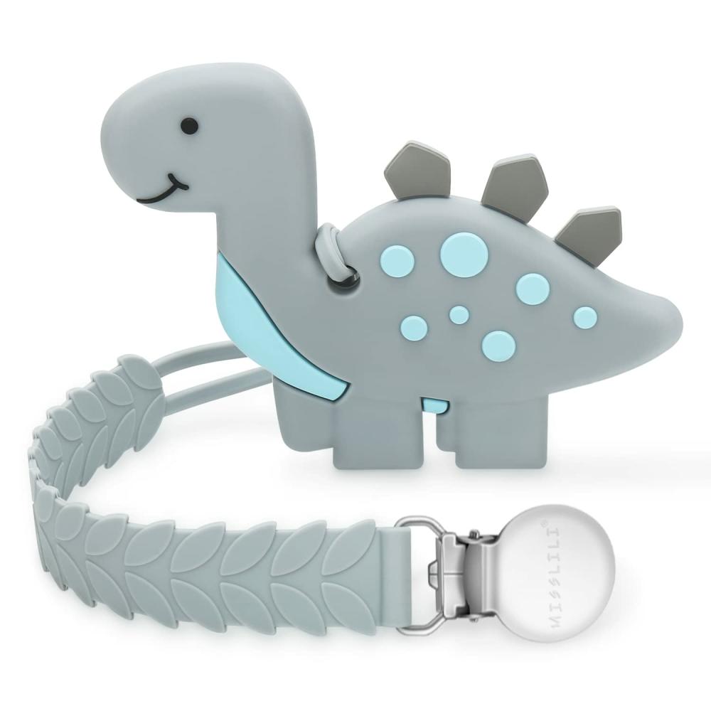 Anneaux de dentition  | Jouets de dentition pour bébés 0-6 mois, 6-12 mois, anneaux de dentition avec clip, jouets en silicone pour bébés, soulagement de la dentition pour garçons et filles, forme de dinosaure, gris.