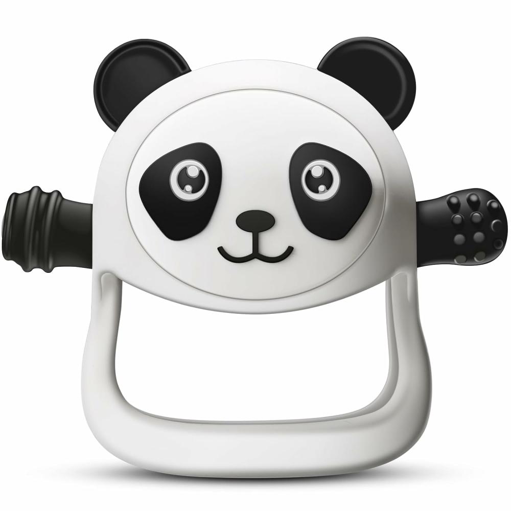 Anneaux de dentition  | Jouets de dentition pour bébés de 0 à 6-12 mois – Anneau de dentition anti-chute pour soulagement des gencives – Mitaines en silicone Panda avec tétine à sucer – Jouets à mâcher pour allaitement (Blanc)