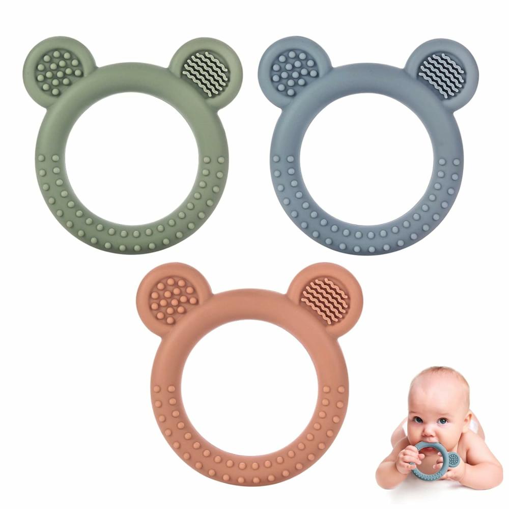 Anneaux de dentition  | Jouets de dentition pour bébés de 0 à 6 mois – Ensemble de 3 jouets pour bébés de 6 à 12 mois – Anneau en silicone doux et texturé en forme d’ours, sans BPA – Soulagement apaisant pour les gencives douloureuses – Jouets à mâcher pour nourrissons.