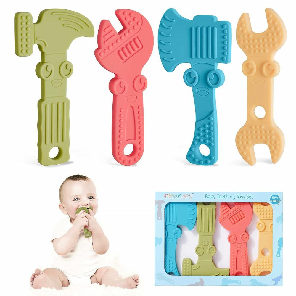 Anneaux de dentition  | Jouets de dentition pour bébés de 0 à 6 mois et de 6 à 12 mois, en silicone sans BPA, hochets à mâcher pour bébés, clé à molette, clé, pinces pour garçons et filles, texture douce, facile à tenir et à nettoyer, pack de 4.