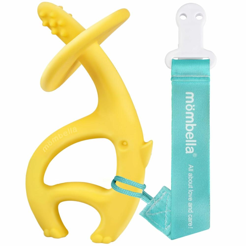 Anneaux de dentition  | Jouets de dentition pour bébés de 3 à 6, 9 et 12 mois avec une sangle à clipser – Mombella Éléphant Dansant en silicone, anneau de dentition et brosse à dents pour le début de la dentition et la période d’éruption – Soulage les démangeaisons, nettoie la langue et les gencives – Jaune