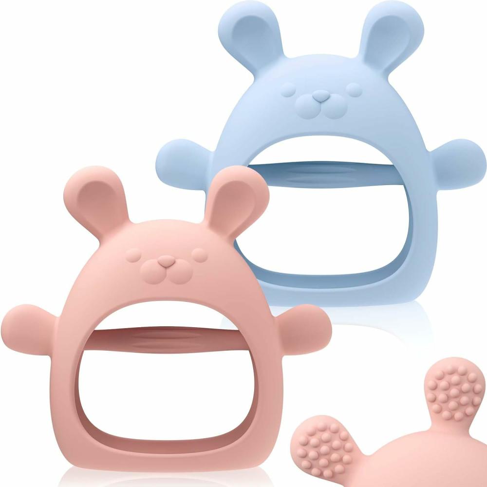 Anneaux de dentition  | Jouets de dentition pour bébés en silicone – Pack de 2 – Sucette pour bébés de plus de 3 mois – Anneaux de dentition anti-chute avec poignets – Mitaines de dentition – Jouets à mâcher pour besoins de succion – Sans BPA (Bleu & Rose)