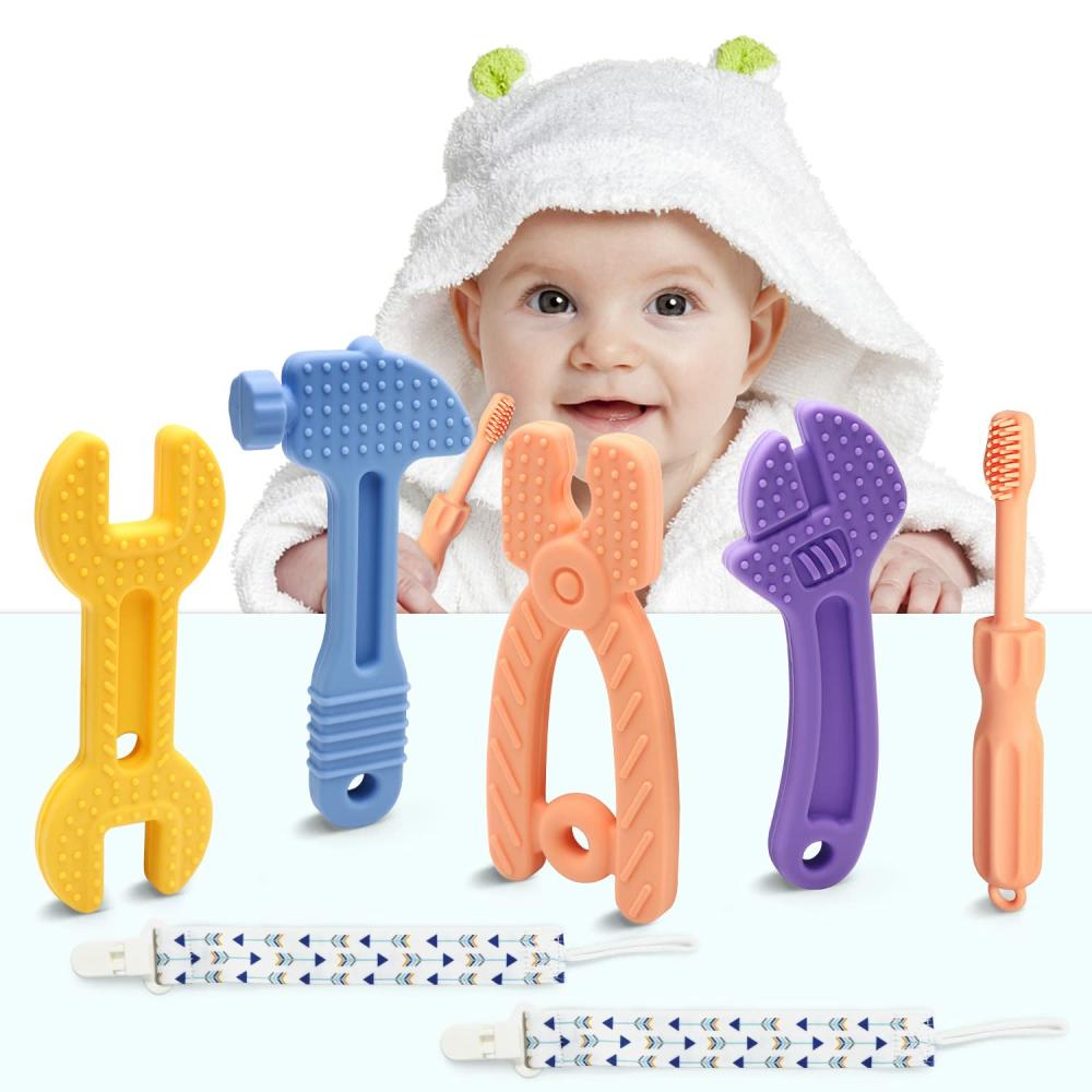 Anneaux de dentition  | Jouets de dentition pour bébés, Jouets de dentition pour 0-6 mois en silicone sans BPA, Jouets à mâcher pour bébés, Jouets de dentition pour bébés en forme de marteau doux, clé à molette et ciseaux, cadeau idéal.