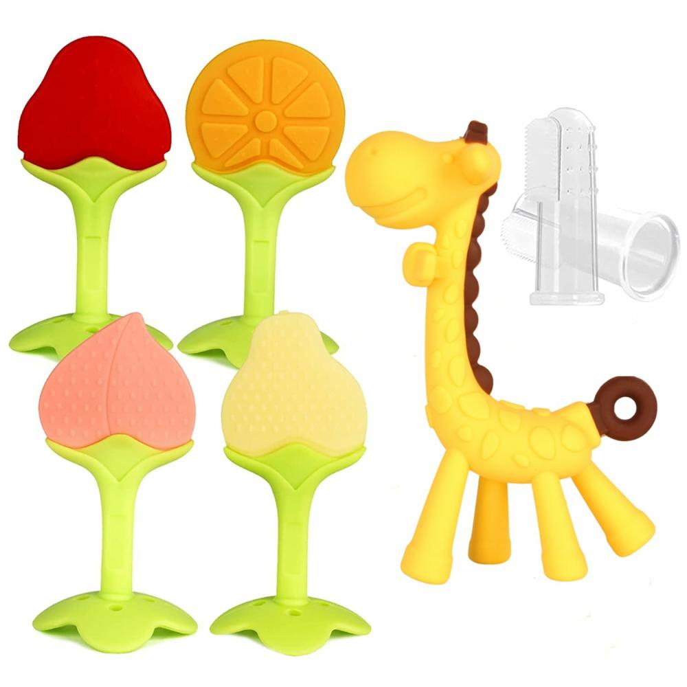 Anneaux de dentition  | Jouets de dentition pour bébés (pack de 7) pour nouveau-nés, sans BPA, en silicone, hochets en forme de girafe, brosse à dents pour les doigts, fraise, orange, pêche, poire, apaisent les gencives des bébés, ensemble avec boîte de rangement.