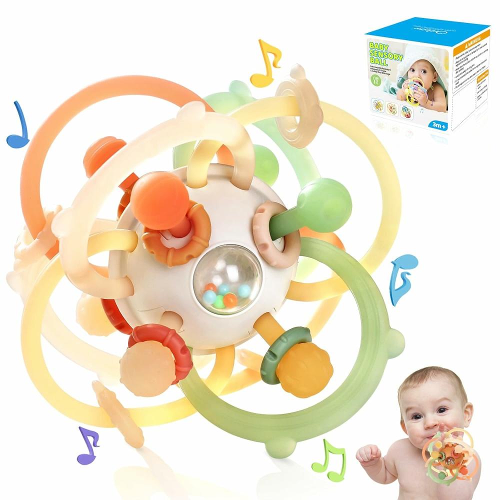 Anneaux de dentition  | Jouets de dentition sensoriels pour bébés, jouets Montessori pour nourrissons, balles de hochet en silicone pour bébés, jouets à mâcher pour bébés de 3 à 6-12-18 mois, besoins de succion, soulagement des dents, sans BPA, marron.