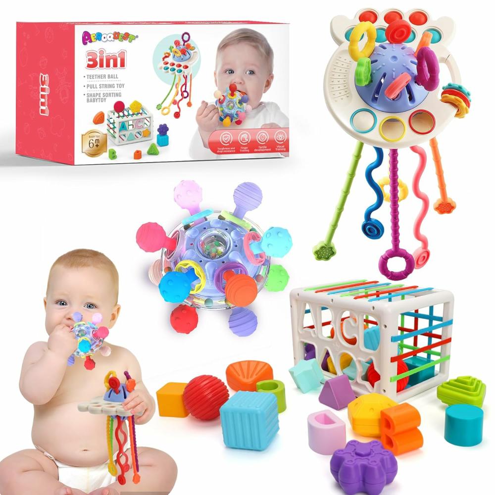 Anneaux de dentition  | Jouets Montessori 3 en 1 pour bébé 0-3-6-9-12 mois, jouets de dentition à tirer, jouets sensoriels de forme et de couleur, jouets de développement pour bébé, anneau de dentition Montessori, cadeaux de jouets pour bébés 6-12-18 mois.