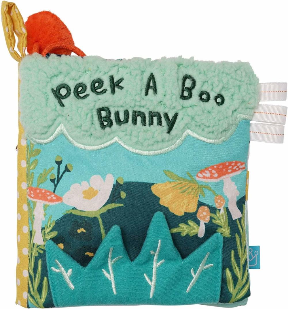 Anneaux de dentition  | Livre d’activités doux en papier froissé « Peek-A-Boo » pour bébé et tout-petit avec un jouet en peluche lapin attaché et un petit couineur.