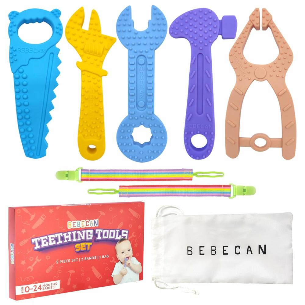 Anneaux de dentition  | Outils de dentition – Anneau de dentition pour bébé – 5 jouets de dentition en silicone de qualité alimentaire pour garçon – 2 sangles pour la sécurité et sac de voyage. Les jouets outils pour bébé offrent un soulagement apaisant et favorisent un développement sain.